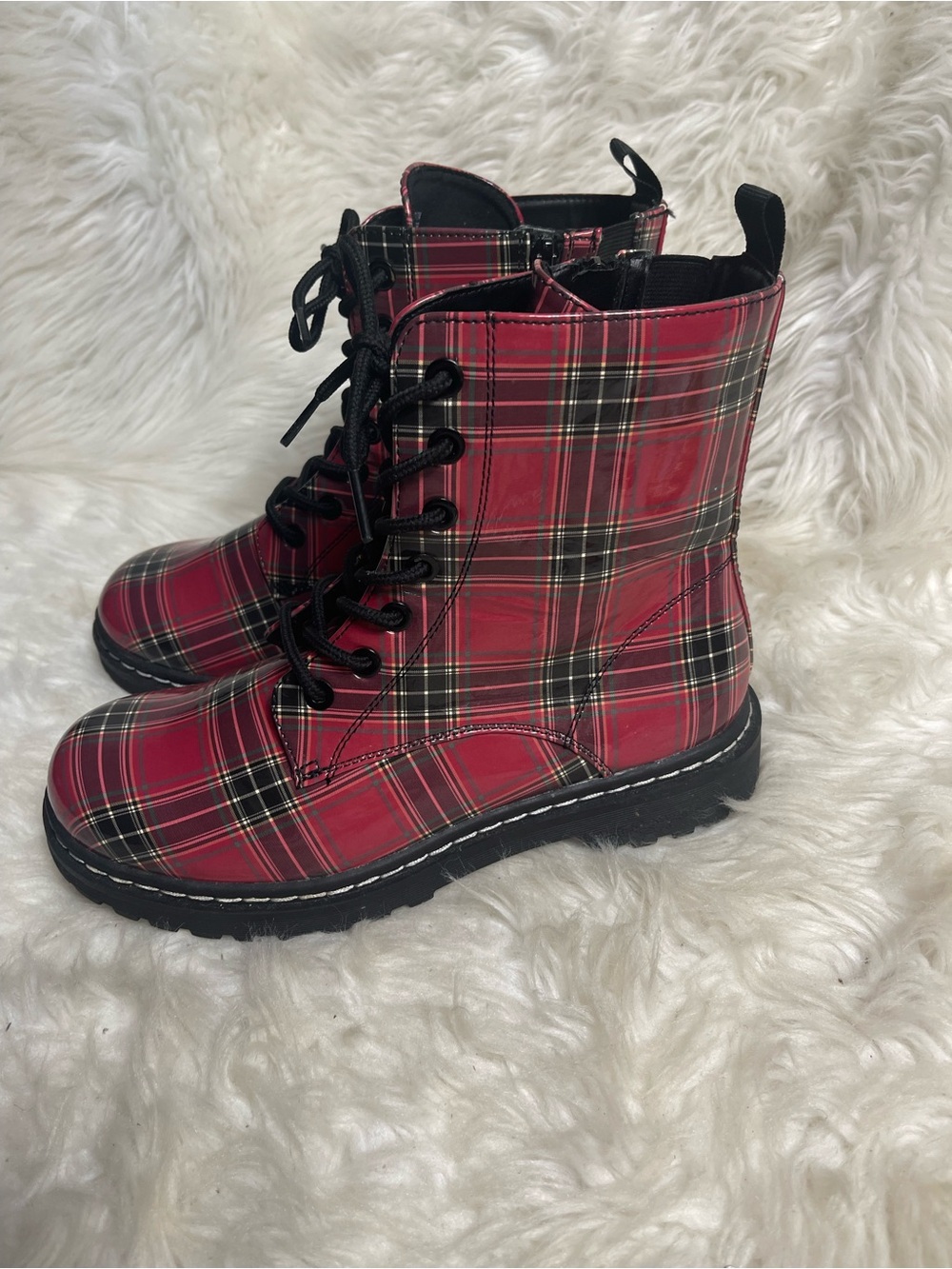 Torrid synthetic patent red plaid combat boots SZ9.5WW